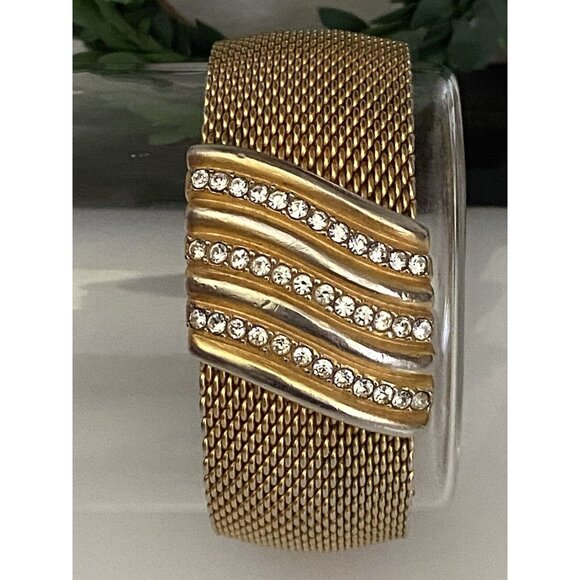 Vintage 1960s Bangle Bracelet Wide Mesh Gold Tone Rhinestone Detail Retro MCM - Picture 15 of 16